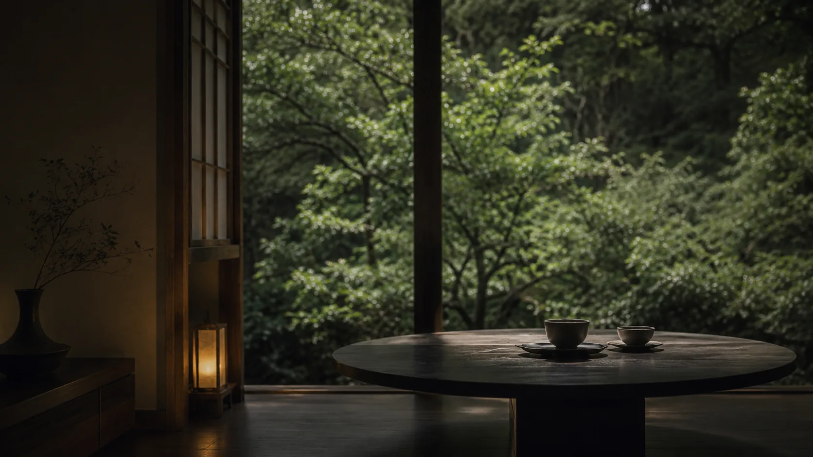 Two tea bowls on a dark wooden table facing a green garden